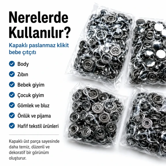 9,5 mm Bebe Çıt Çıt Kapaklı Paslanmaz Klikıt Çıtçıt 720 Adet/Paket C0014P - Paslanmaz metalden üretilmiş, bebek giyiminde