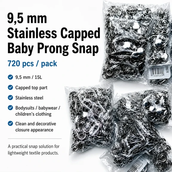 9,5 mm Bebe Çıt Çıt Kapaklı Paslanmaz Klikıt Çıtçıt 720 Adet/Paket C0014P - Paslanmaz metalden üretilmiş, bebek giyiminde