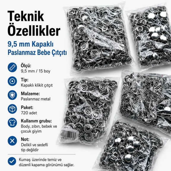 9,5 mm Bebe Çıt Çıt Kapaklı Paslanmaz Klikıt Çıtçıt 720 Adet/Paket C0014P - Paslanmaz metalden üretilmiş, bebek giyiminde