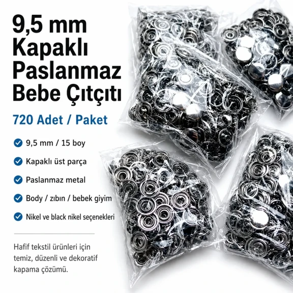 9,5 mm Bebe Çıt Çıt Kapaklı Paslanmaz Klikıt Çıtçıt 720 Adet/Paket C0014P - Paslanmaz metalden üretilmiş, bebek giyiminde