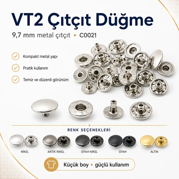 VT2 Çıtçıt Düğme 10 mm Metal Cüzdan Çıtçıtı 144 Adet / Paket C0021
