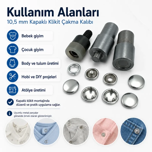 10,5 mm kapaklı klikıt çakma kalıbı, bebek ve çocuk giyimi için montaj aparatı