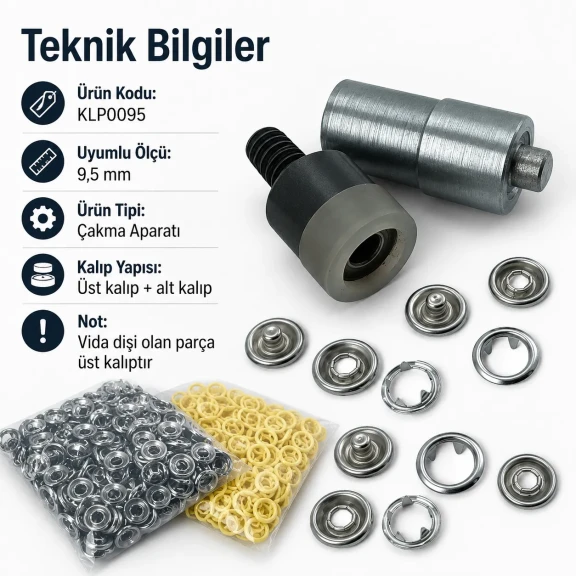 9,5 mm Çıtçıt Klikıt Çakma Aparatı - Delikli Klikıt Montaj Kalıbı KLP0095, tekstil ve deri projeleri için yüksek