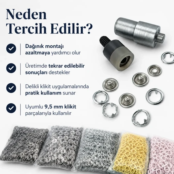 9,5 mm Çıtçıt Klikıt Çakma Aparatı - Delikli Klikıt Montaj Kalıbı KLP0095, tekstil ve deri projeleri için yüksek