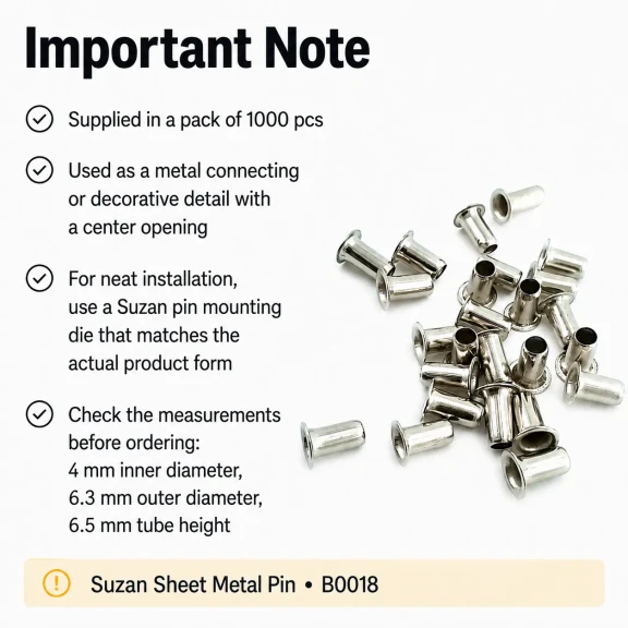 Suzan Saç Pim 4 mm İç Çap - Boru Yüksekliği 6,5 mm 1000 Adet B0018, deri ve kumaş aksesuarlar için ideal metal bağlantı