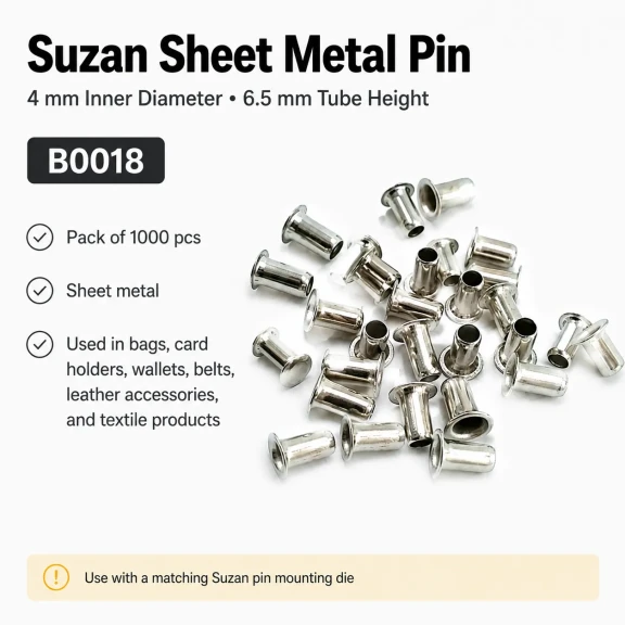Suzan Saç Pim 4 mm İç Çap - Boru Yüksekliği 6,5 mm 1000 Adet B0018, deri ve kumaş aksesuarlar için ideal metal bağlantı