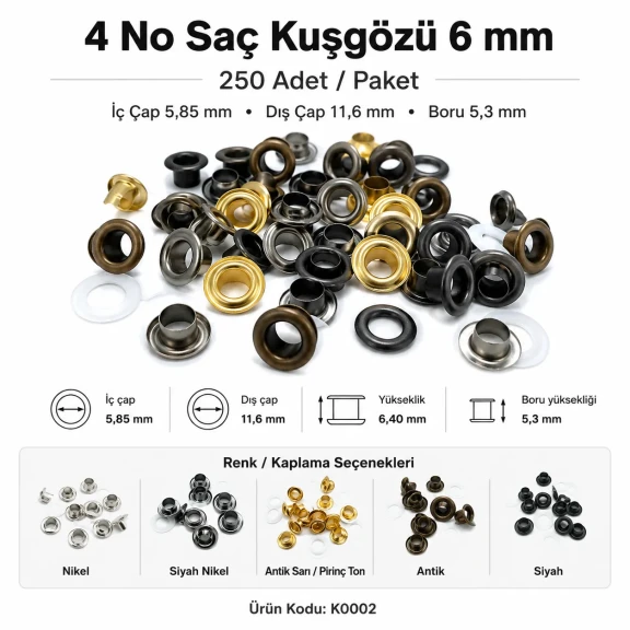 4 No Saç Kuşgözü 6 mm Plastik veya Metal Pul Seçenekli 250 Adet/Paket - Dayanıklı ve Estetik Çözüm