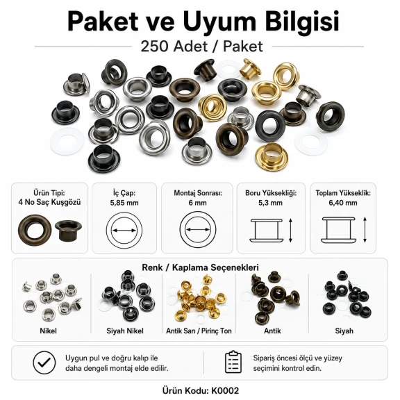 4 No Saç Kuşgözü 6 mm Plastik veya Metal Pul Seçenekli 250 Adet/Paket - Dayanıklı ve Estetik Çözüm