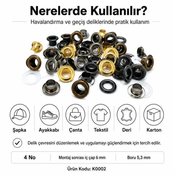 4 No Saç Kuşgözü 6 mm Plastik veya Metal Pul Seçenekli 250 Adet/Paket - Dayanıklı ve Estetik Çözüm
