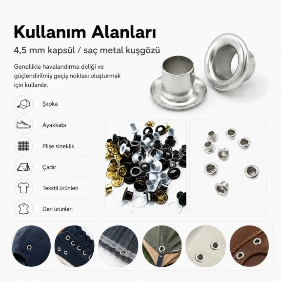 2 No Saç Kuşgözü 4,5 mm İç Çap Plastik veya Metal Pul Seçenekli 250 Adet/Paket - Kaliteli ve dayanıklı kuşgözü, çanta ve