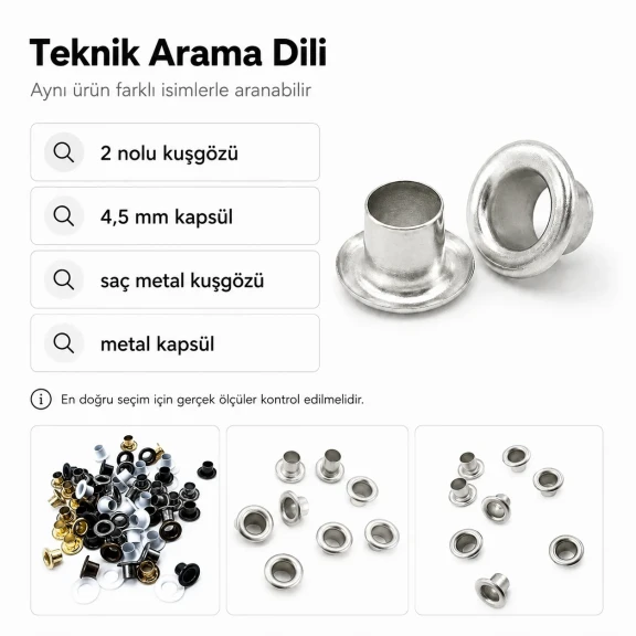 2 No Saç Kuşgözü 4,5 mm İç Çap Plastik veya Metal Pul Seçenekli 250 Adet/Paket - Kaliteli ve dayanıklı kuşgözü, çanta ve