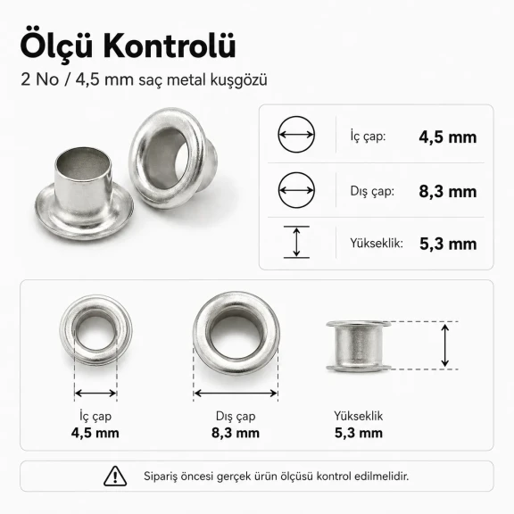 2 No Saç Kuşgözü 4,5 mm İç Çap Plastik veya Metal Pul Seçenekli 250 Adet/Paket - Kaliteli ve dayanıklı kuşgözü, çanta ve