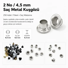 2 No Saç Kuşgözü 4,5 mm İç Çap Plastik veya Metal Pul Seçenekli 250 Adet/Paket K0003