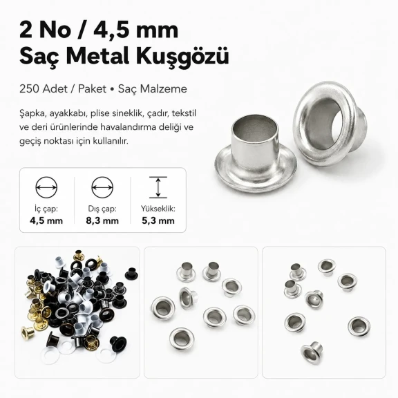 2 No Saç Kuşgözü 4,5 mm İç Çap Plastik veya Metal Pul Seçenekli 250 Adet/Paket - Kaliteli ve dayanıklı kuşgözü, çanta ve