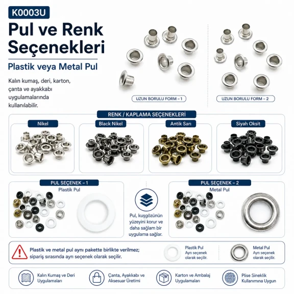 2 No Uzun Borulu Saç Kuşgözü 4,5 mm İç Çap Plastik Pul Seçenekli 250 Adet/Paket - Tekstil, Çanta ve Ayakkabı Aksesuarları