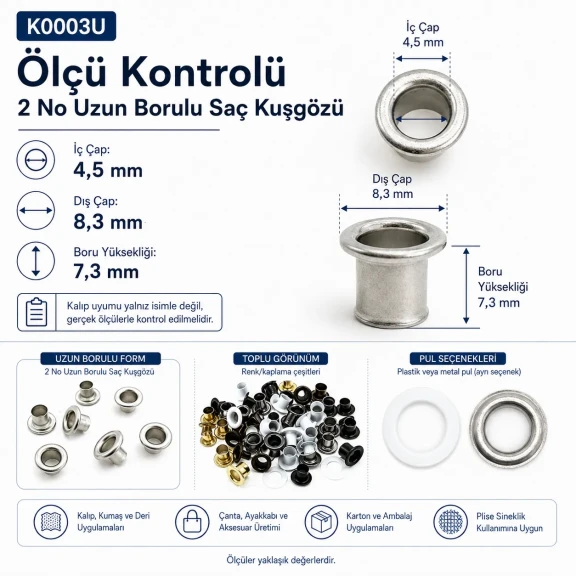 2 No Uzun Borulu Saç Kuşgözü 4,5 mm İç Çap Plastik Pul Seçenekli 250 Adet/Paket - Tekstil, Çanta ve Ayakkabı Aksesuarları