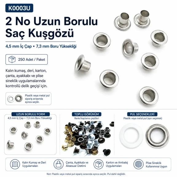 2 No Uzun Borulu Saç Kuşgözü 4,5 mm İç Çap Plastik Pul Seçenekli 250 Adet/Paket - Tekstil, Çanta ve Ayakkabı Aksesuarları
