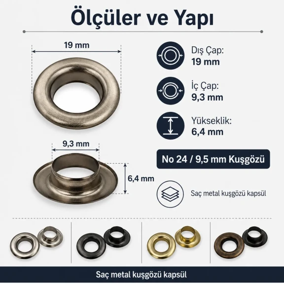 No 24 Kuşgözü Kapsül 9,5 mm Saç Metal 250 Adet/Paket - Estetik ve dayanıklılık sunan zamak kuşgözü