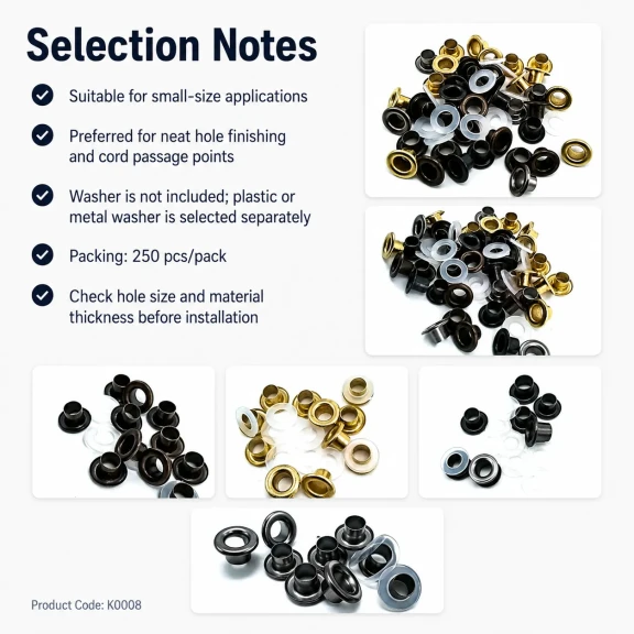 Sheet Metal Eyelet 5.3 mm / 0.209 in Inner Diameter with Washer Options for Textile and Leather Applications