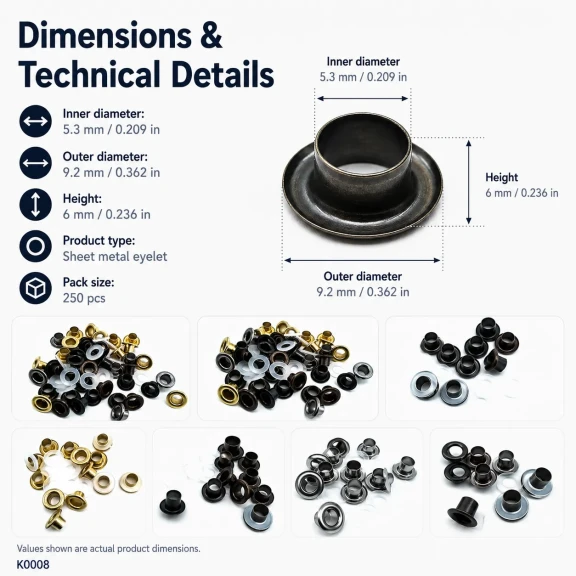 Sheet Metal Eyelet 5.3 mm / 0.209 in Inner Diameter with Washer Options for Textile and Leather Applications