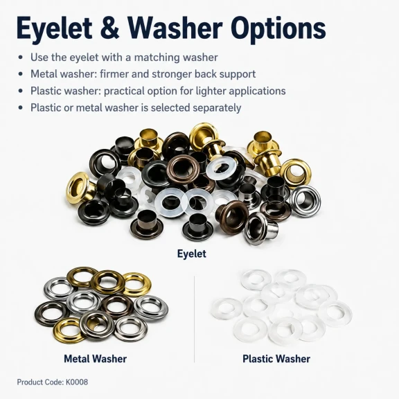 Sheet Metal Eyelet 5.3 mm / 0.209 in Inner Diameter with Washer Options for Textile and Leather Applications