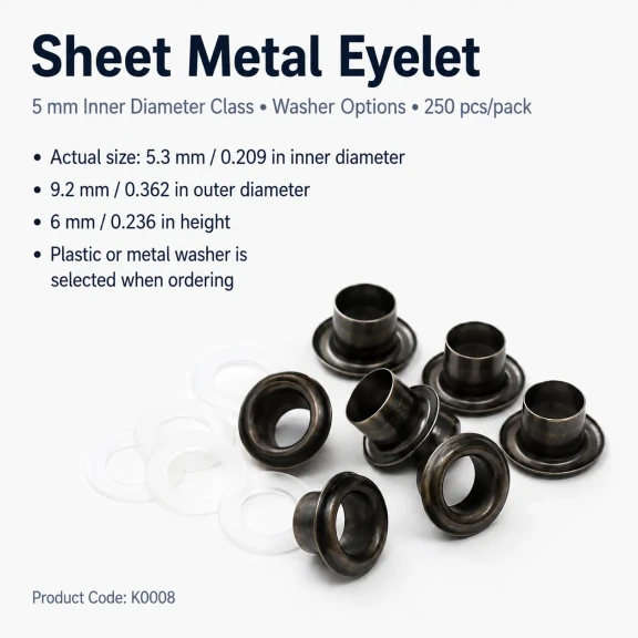 Sheet Metal Eyelet 5.3 mm / 0.209 in Inner Diameter with Washer Options for Textile and Leather Applications
