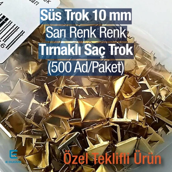 Süs Trok 10 mm Sarı Renk Piramit Tırnaklı Saç Trok (500 Ad/Paket) TR0014PKS