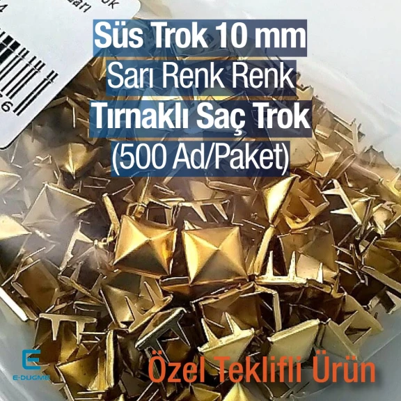 Süs Trok 10 mm Sarı Renk Piramit Tırnaklı Saç Trok (500 Ad/Paket) TR0014PKS