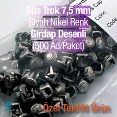 Süs Trok 7.5 mm Siyah Nikel Renk Girdap Desenli Tırnaklı Saç Trok (500 Ad/Paket) TR0028PK