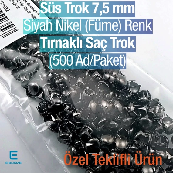 Süs Trok 7,5 mm Siyah Nikel Renk Tırnaklı Saç Trok (500 Ad/Paket) TR0032PKB