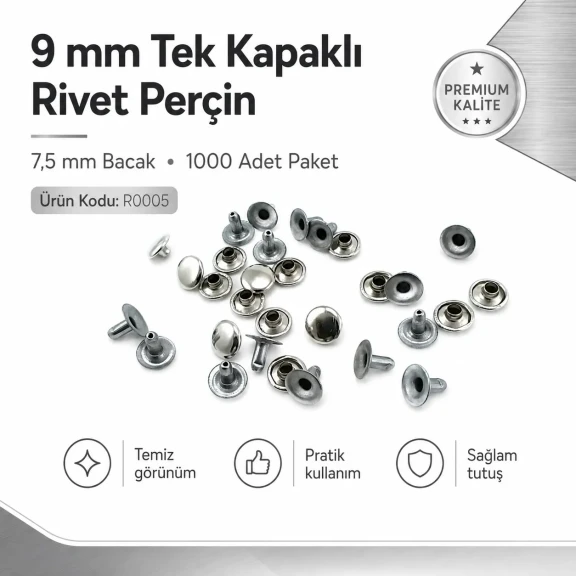 9 mm Kapak / 7,5 mm Bacak Saç Malzeme Tek Kapaklı Rivet Perçin – 1000 Adet R0005, paslanmaz çelik kör perçin, montaj