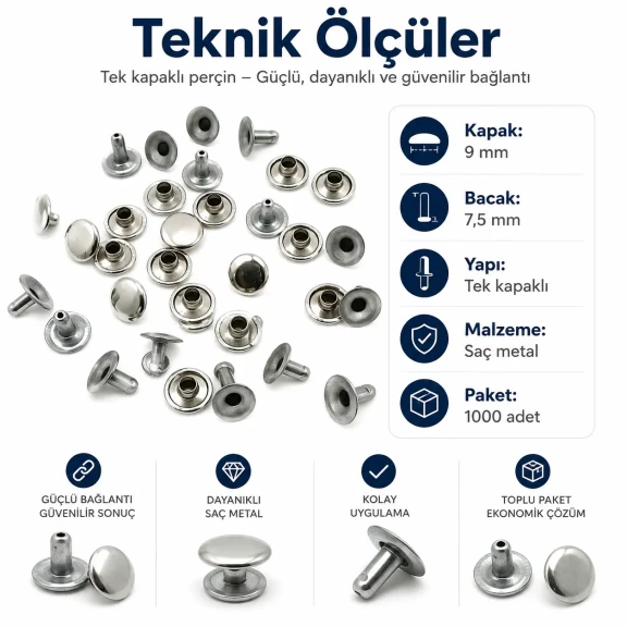 9 mm Kapak / 7,5 mm Bacak Saç Malzeme Tek Kapaklı Rivet Perçin – 1000 Adet R0005, paslanmaz çelik kör perçin, montaj