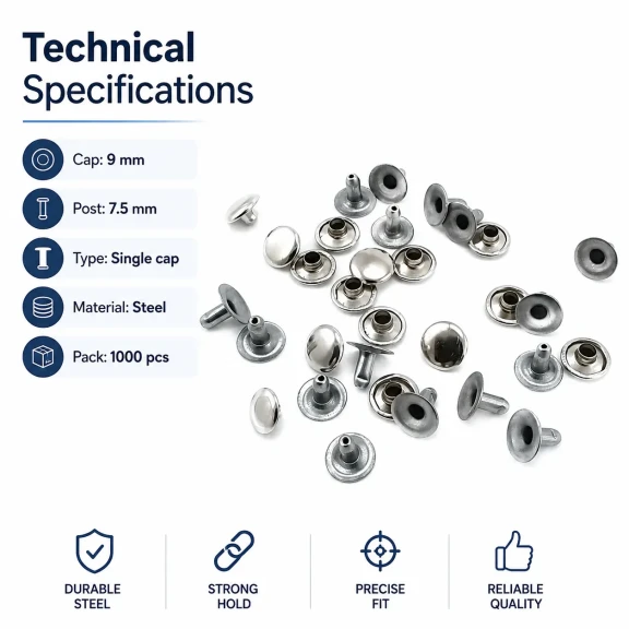 9 mm Kapak / 7,5 mm Bacak Saç Malzeme Tek Kapaklı Rivet Perçin – 1000 Adet R0005, paslanmaz çelik kör perçin, montaj
