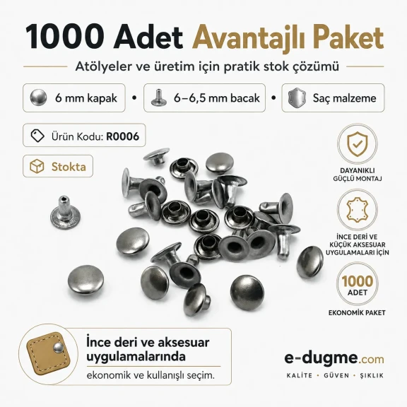 0 Rivet 6 mm Kapak - 1000 Adet R0006, 6-6,5 mm Bacak Saç Malzeme Perçin