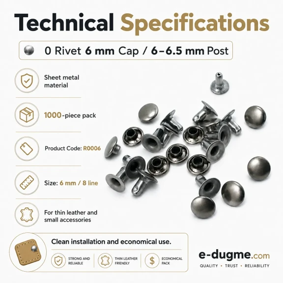 0 Rivet 6 mm Kapak - 1000 Adet R0006, 6-6,5 mm Bacak Saç Malzeme Perçin