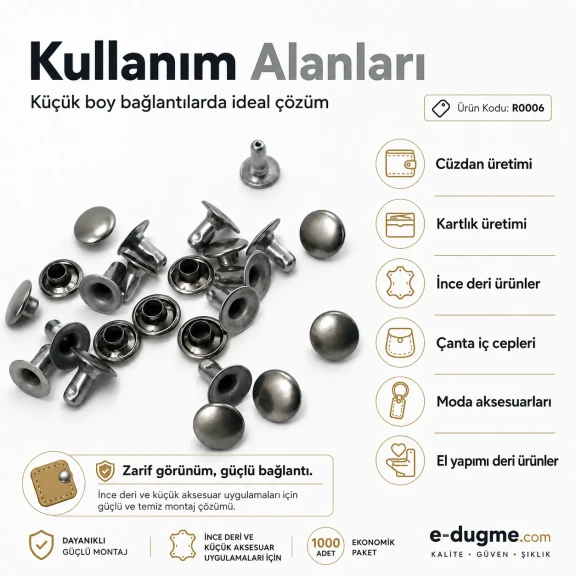 0 Rivet 6 mm Kapak - 1000 Adet R0006, 6-6,5 mm Bacak Saç Malzeme Perçin