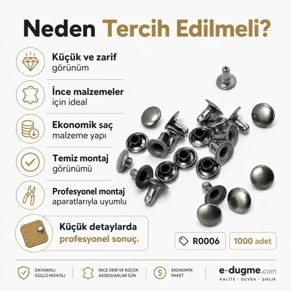 0 Rivet 6 mm Kapak - 1000 Adet R0006, 6-6,5 mm Bacak Saç Malzeme Perçin