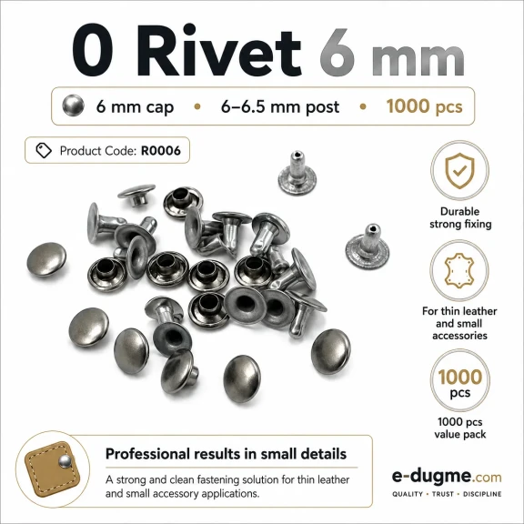 0 Rivet 6 mm Kapak - 1000 Adet R0006, 6-6,5 mm Bacak Saç Malzeme Perçin
