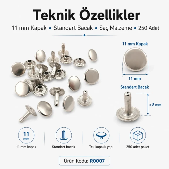11 mm (0.43") Cap Standard Post Steel Single Cap Rivet - 250 Pieces R0007 for secure fastening of thick materials