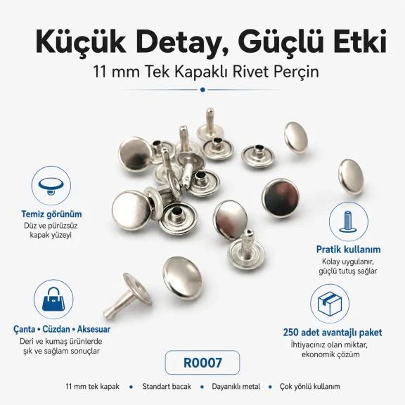 11 mm (0.43") Cap Standard Post Steel Single Cap Rivet - 250 Pieces R0007 for secure fastening of thick materials