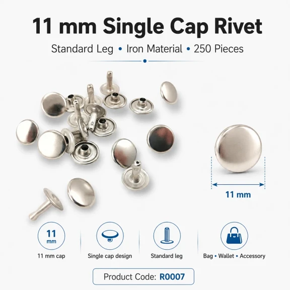11 mm (0.43") Cap Standard Post Steel Single Cap Rivet - 250 Pieces R0007 for secure fastening of thick materials