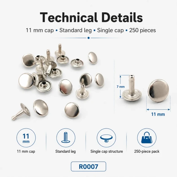 11 mm (0.43") Cap Standard Post Steel Single Cap Rivet - 250 Pieces R0007 for secure fastening of thick materials