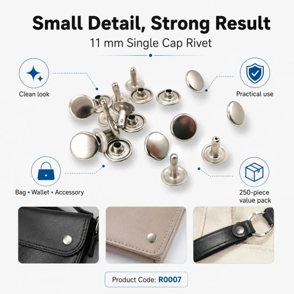 11 mm (0.43") Cap Standard Post Steel Single Cap Rivet - 250 Pieces R0007 for secure fastening of thick materials