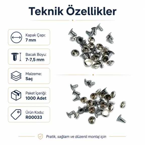 33 Rivet 7 mm Kapak - 7-7,5 mm Bacak Saç Malzeme Perçin - 1000 Adet R00033, metal perçin, çanta, kemer, mont için ideal