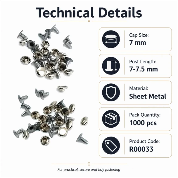 33 Rivet 7 mm Kapak - 7-7,5 mm Bacak Saç Malzeme Perçin - 1000 Adet R00033, metal perçin, çanta, kemer, mont için ideal