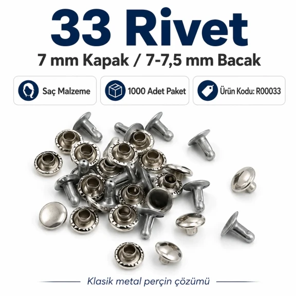 33 Rivet 7 mm Kapak - 7-7,5 mm Bacak Saç Malzeme Perçin - 1000 Adet R00033, metal perçin, çanta, kemer, mont için ideal