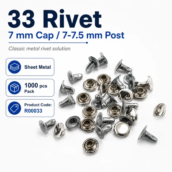 33 Rivet 7 mm Kapak - 7-7,5 mm Bacak Saç Malzeme Perçin - 1000 Adet R00033, metal perçin, çanta, kemer, mont için ideal