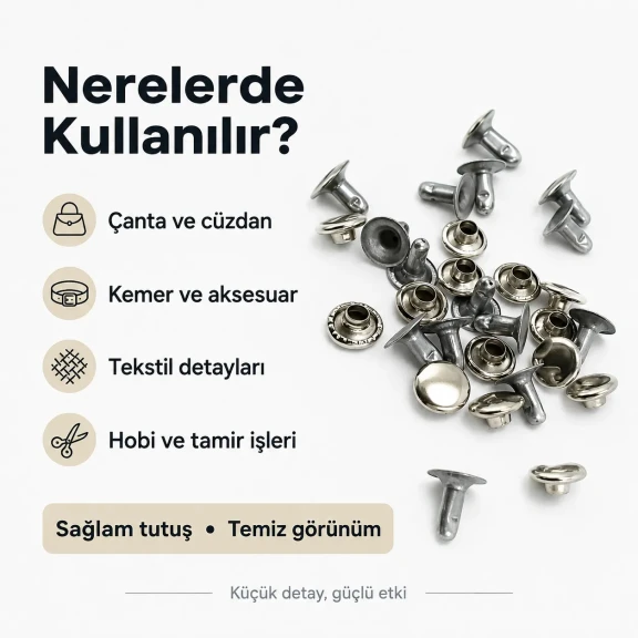 33 Rivet 7 mm Kapak - 7-7,5 mm Bacak Saç Malzeme Perçin - 1000 Adet R00033, metal perçin, çanta, kemer, mont için ideal