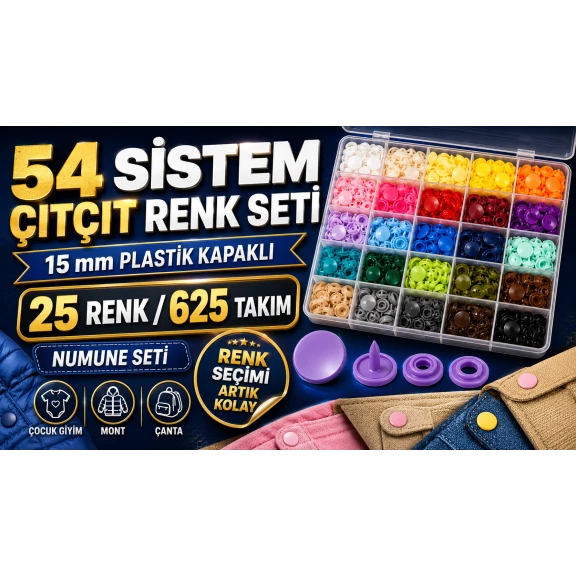 15 mm 54 Sistem Plastik Kapaklı Çıtçıt Renk Numune Seti – 25 Renk / 625 Takım SET15PL25RENK