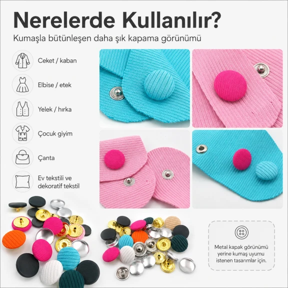 28 boy 17 mm kumaş kaplama çıtçıt düğme, ceket, kaban ve elbise gibi ürünlerde kullanıma uygun dekoratif kapama aksesuarı
